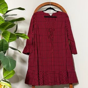 Time and Tru XXL Red Black Check Ruffle Sleeve and Hem Dress